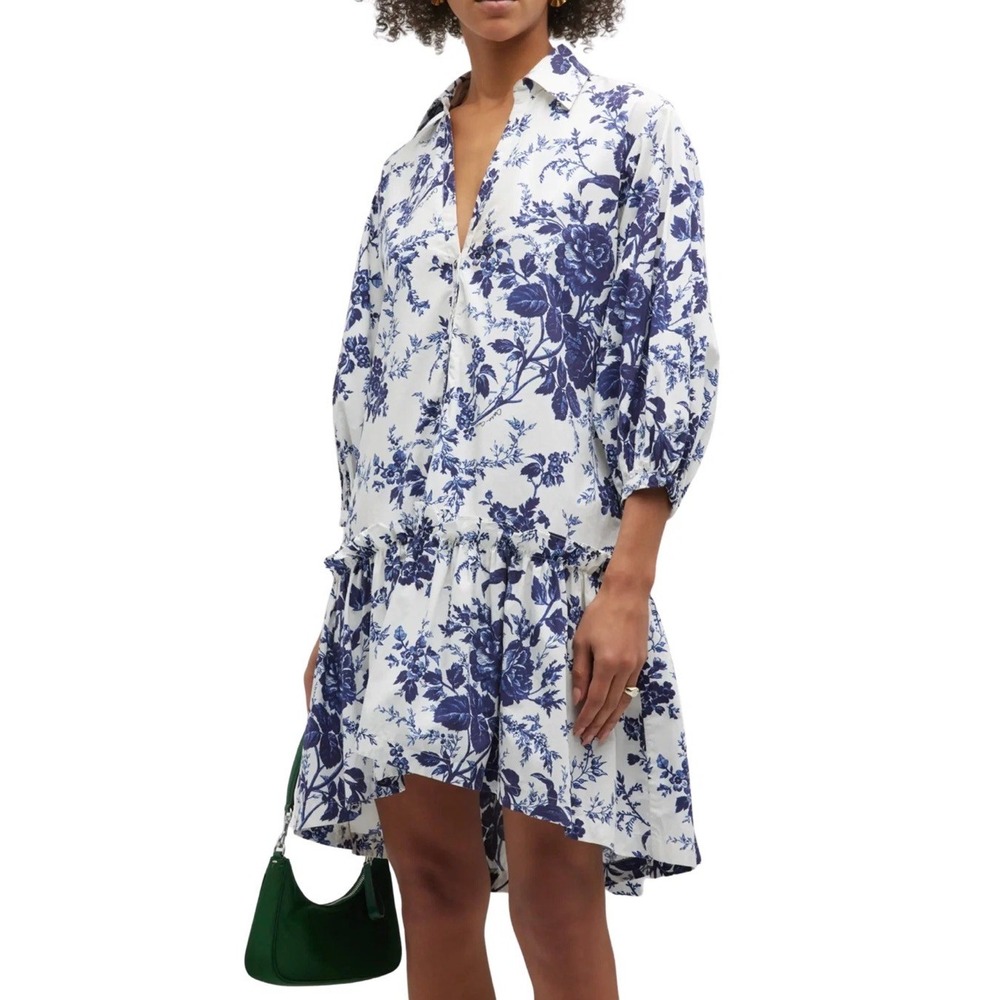 Cara Cara‎ Silvia Blue White Toile Floral Drop Waist Cotton Shirtdress Dress Med
